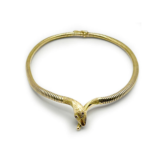 Vintage Ruby Snake Tubogas Necklace - 9ct Yellow Gold - 15" L