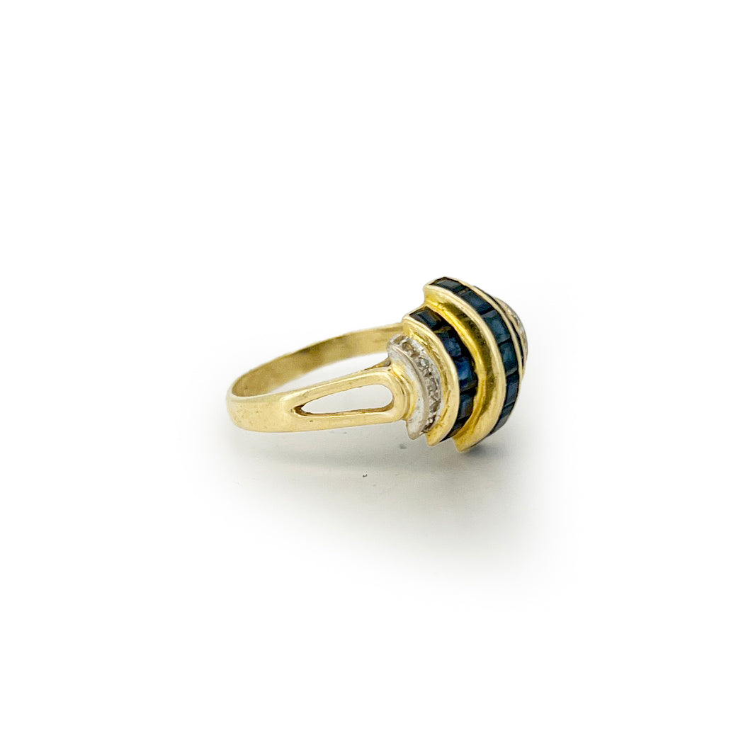 Vintage Blue Sapphire + Diamond + 14ct Yellow Gold Tank Ring - Sz. 8