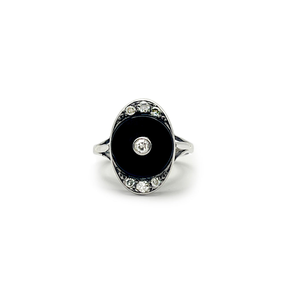 Antique Art Deco Onyx + Diamond Ring - 18ct White Gold - Sz 6.25