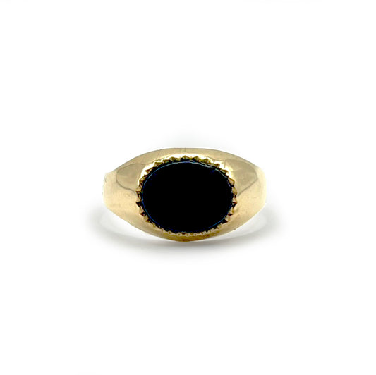 Vintage Wide Onyx Oval Signet Ring - 9ct Yellow Gold - Sz. 6.5