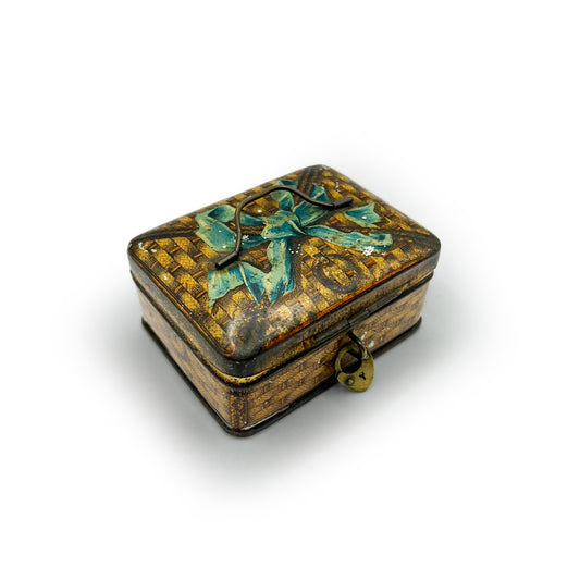Vintage Tin Box w/ Trompe l'oeil Ribbon + Basket