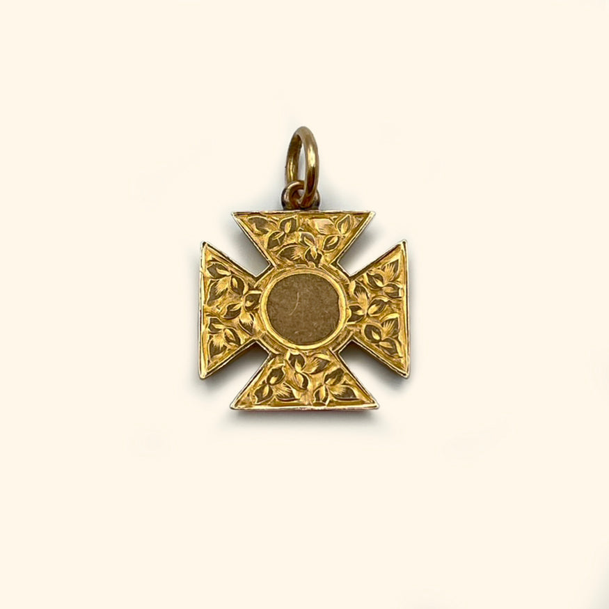 Vintage Engraved Maltese Cross Charm - 9ct Rose Gold