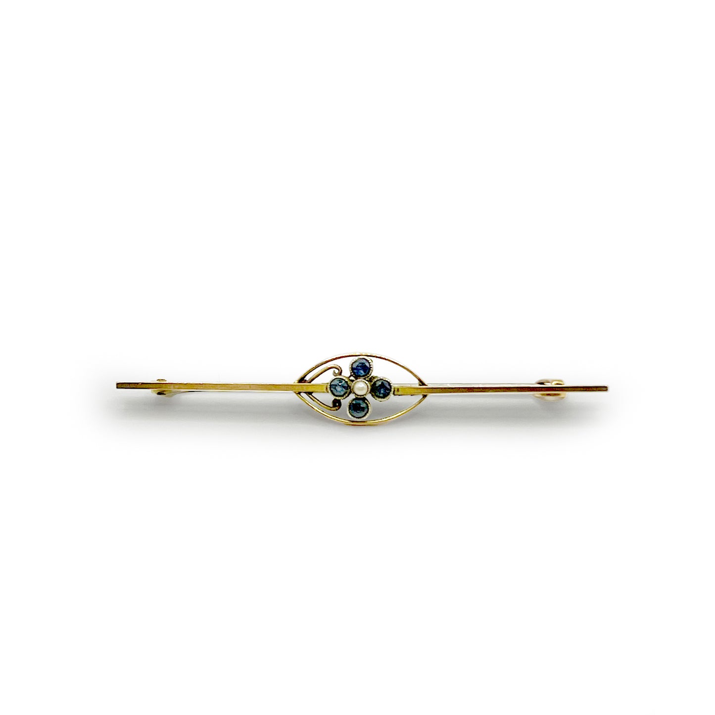 Antique Art Deco Sapphire + Pearl Brooch - 9ct Yellow Gold