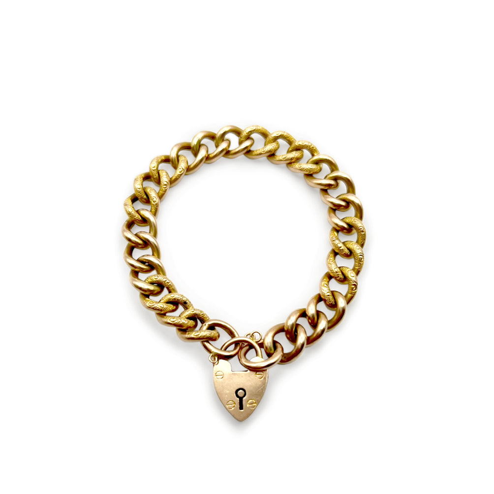 Antique Victorian Heart Lock Day + Night Curb Bracelet - 9ct Rose Gold - 7.5"