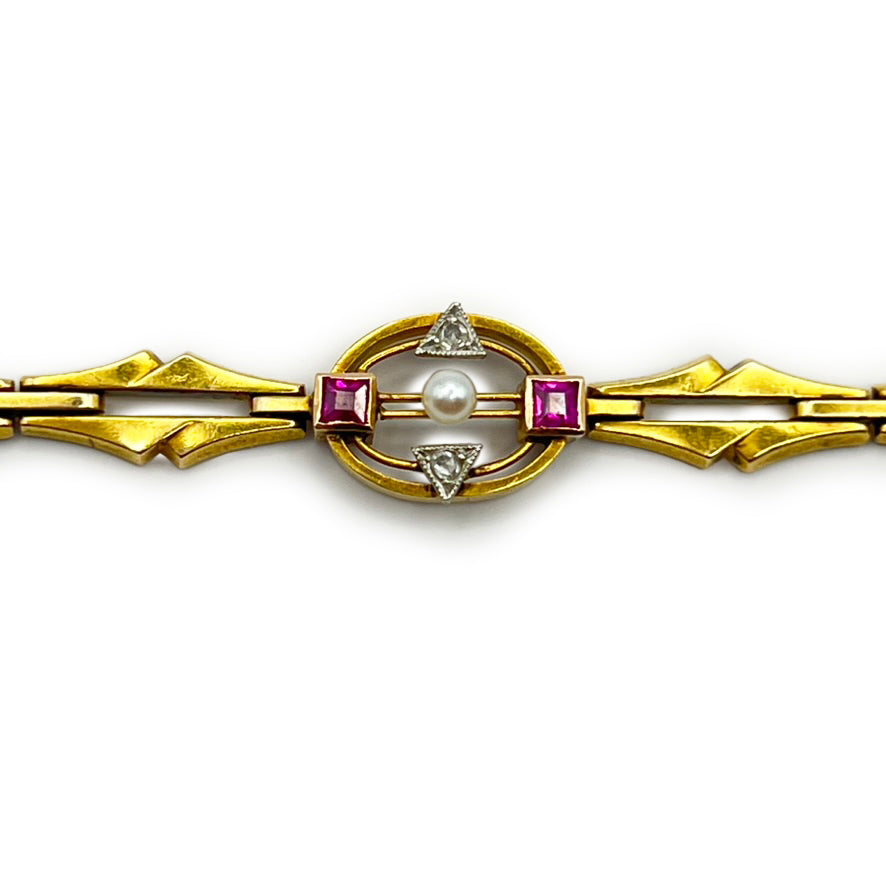 Antique Art Deco Ruby, Pearl, + Diamond Bracelet - 14kt Yellow Gold - 7"