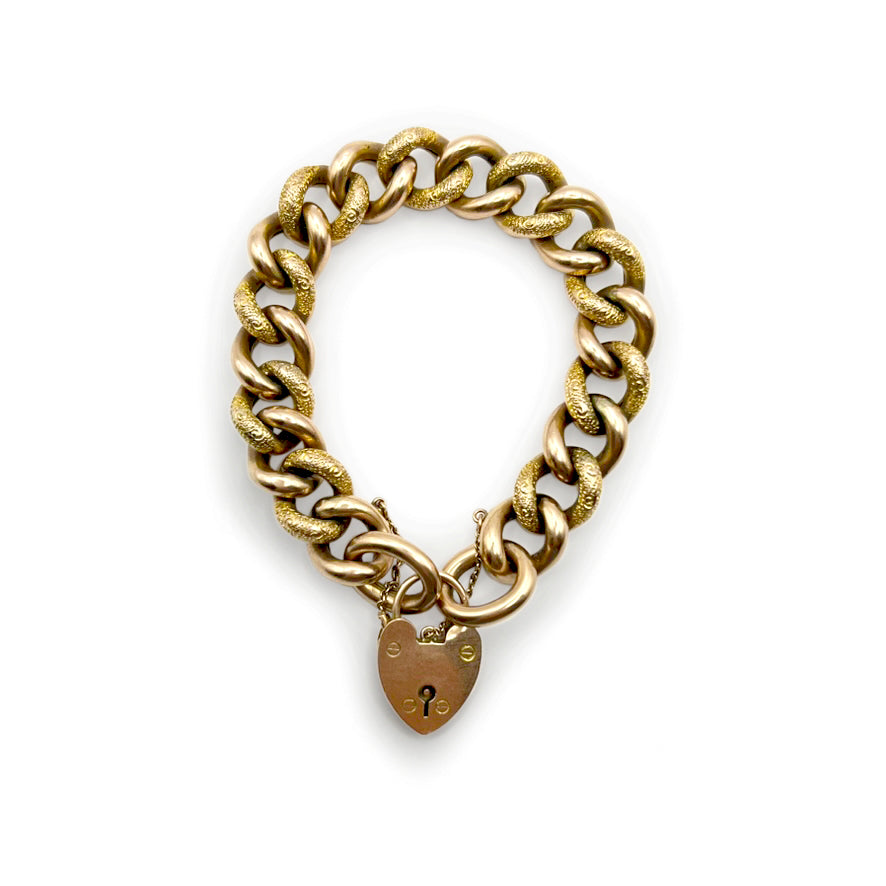 Antique Large Victorian Heart Lock Day + Night Curb Bracelet - 9ct Rose Gold - 8"