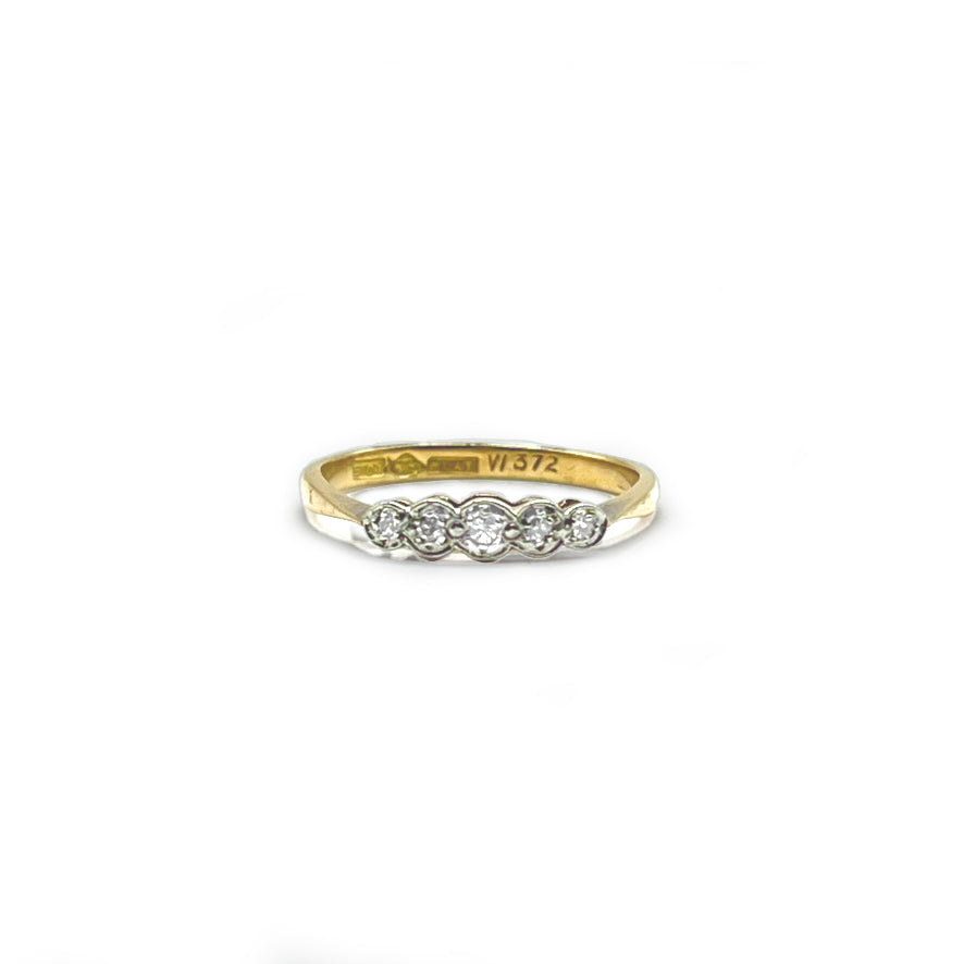 Vintage 5 Diamond Ring - 9ct Yellow Gold + Platinum - Sz. 7.25