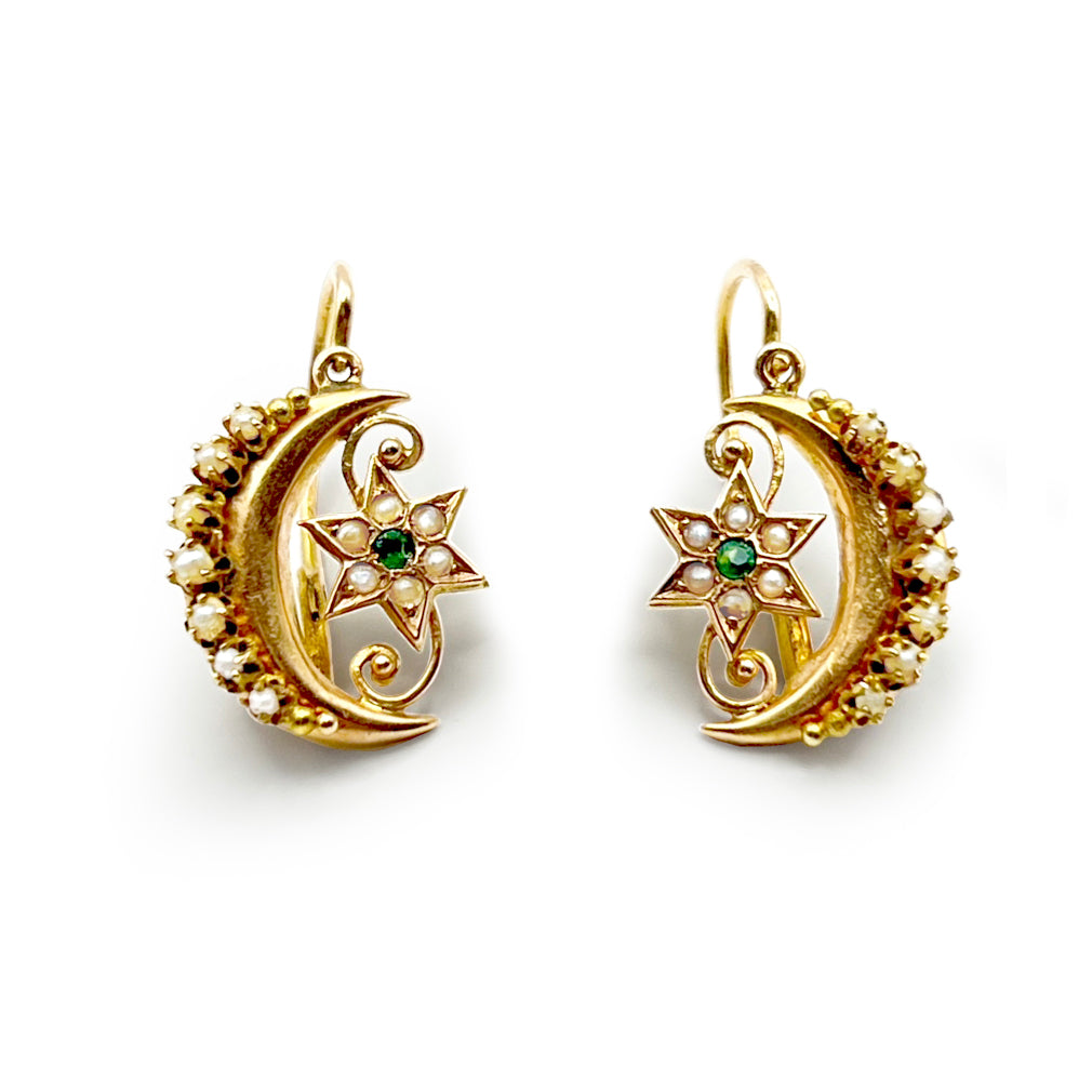 Antique Victorian Pearl Moon + Emerald Star Earrings - 9ct Rose Gold