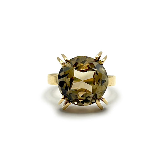Vintage Pronged Modern Smoky Topaz Ring - 9ct Yellow Gold - Sz. 5.75