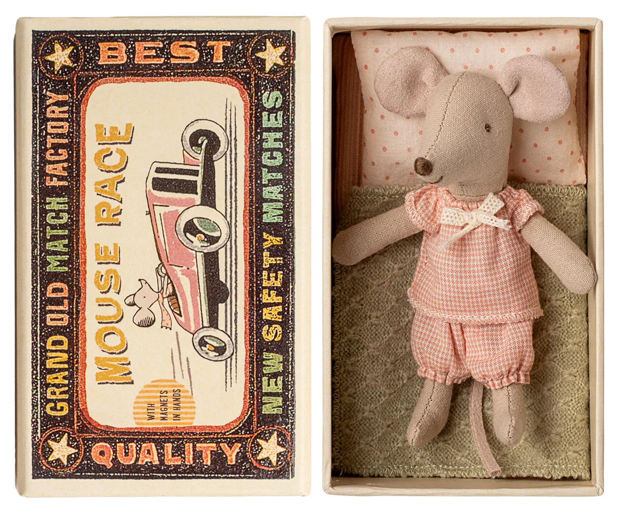Pre-Order: Mid November - Little Sister Mouse in Matchbox - Pink Checkered