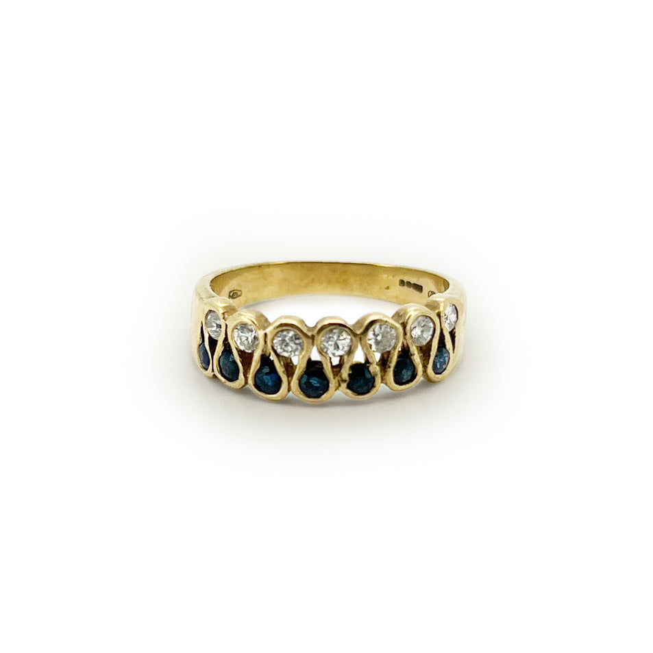 Vintage Diamond + Blue Sapphire + 9ct Yellow Gold Squiggle Ring - Sz. 6.25