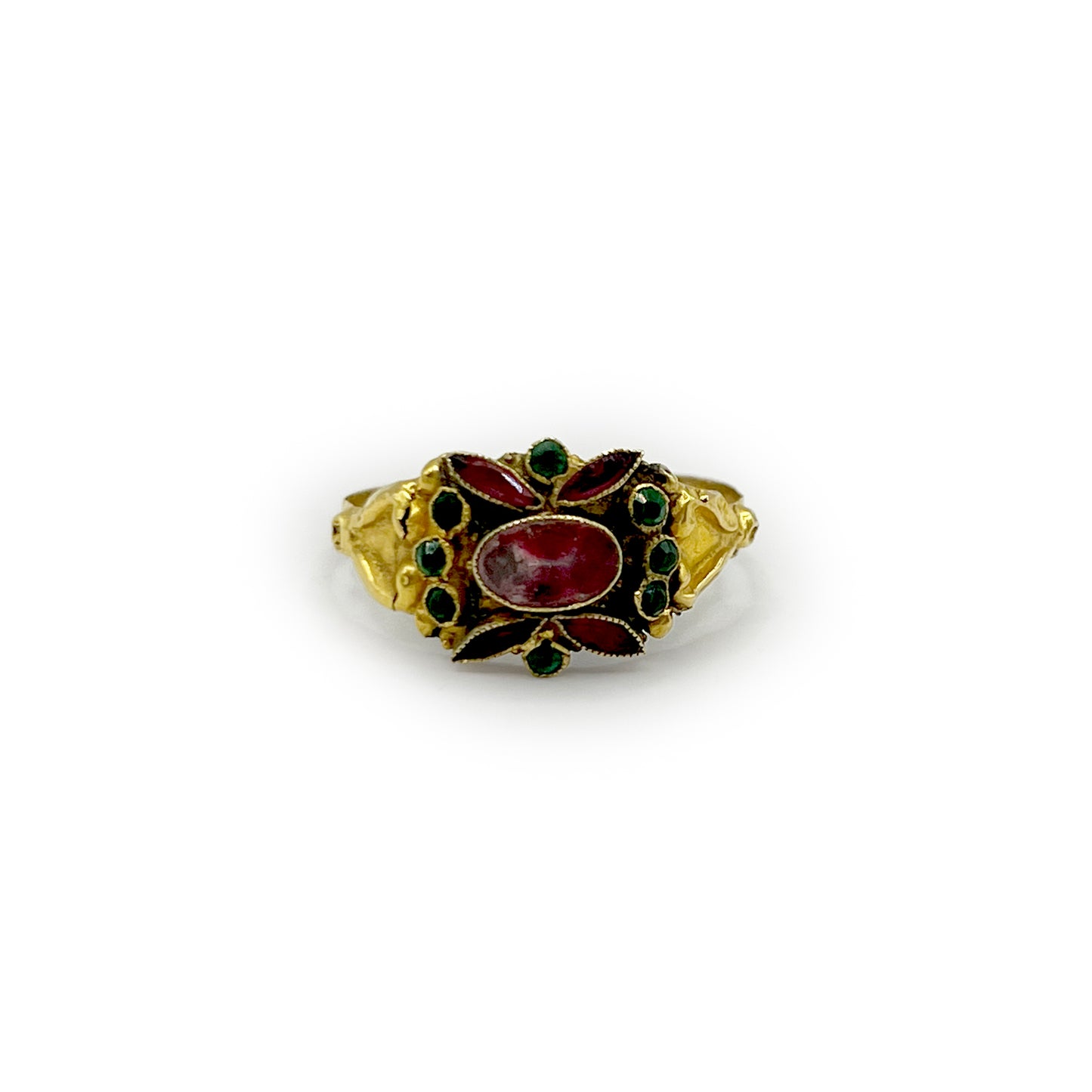 Antique Napoleon III Emerald + Ruby + 18ct Yellow Gold Floral Ring - Sz. 8