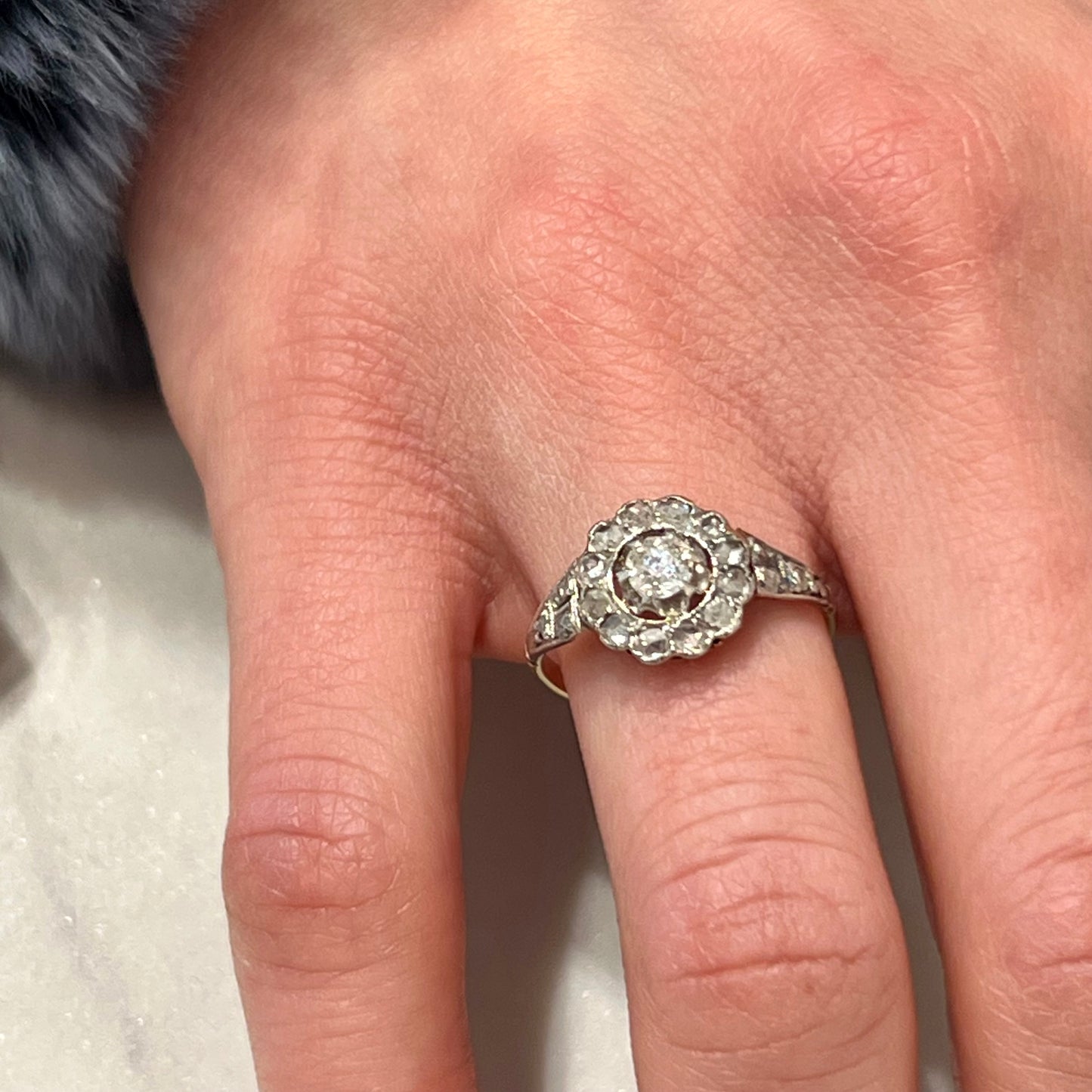Antique Edwardian Old European Cut Diamond + 18k White Gold Daisy Ring - Size 6.25