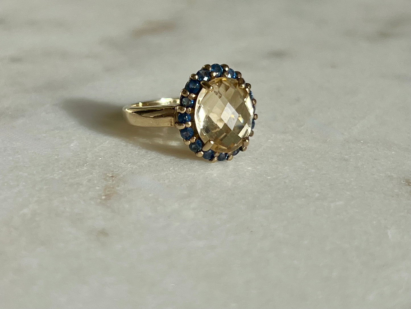 Estate Citrine + Blue Sapphire + 9ct. Yellow Gold Statement Ring - Sz. 5.5