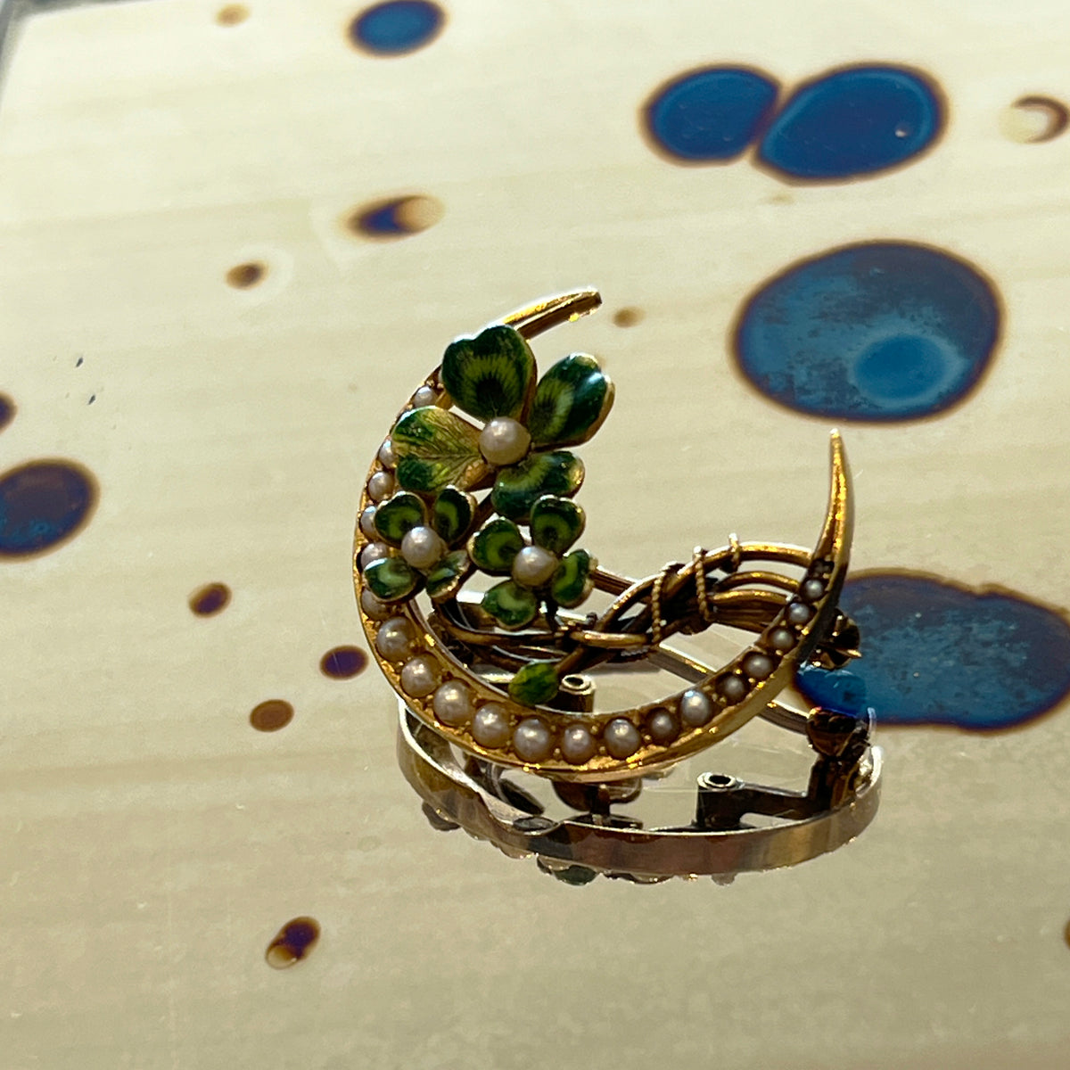 Antique Art Nouveau Pearl + Enamel + 14k Yellow Gold 4 Leaf Clover Brooch