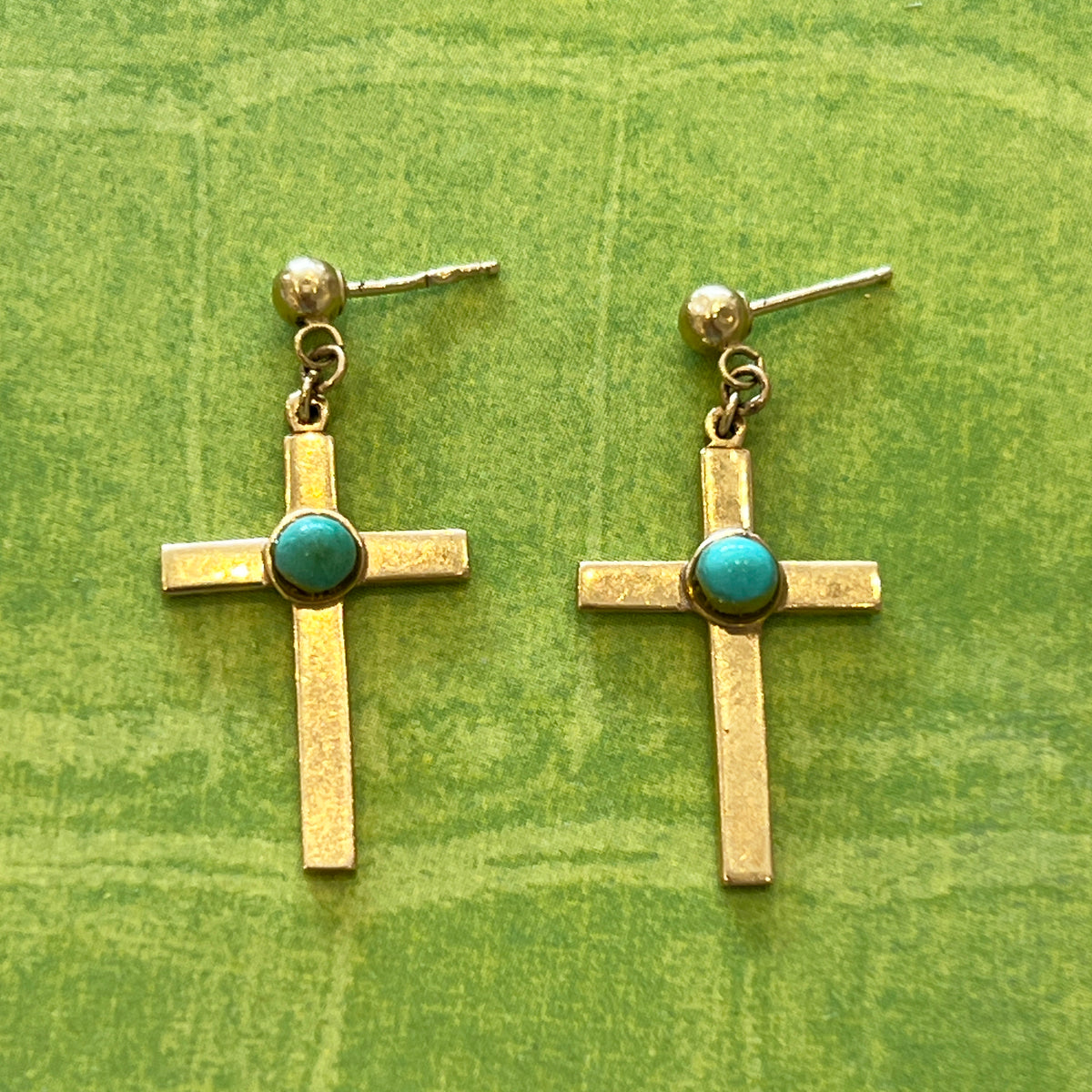 Vintage Turquoise Cabochon + 14k Yellow Gold Cross Studs Earrings