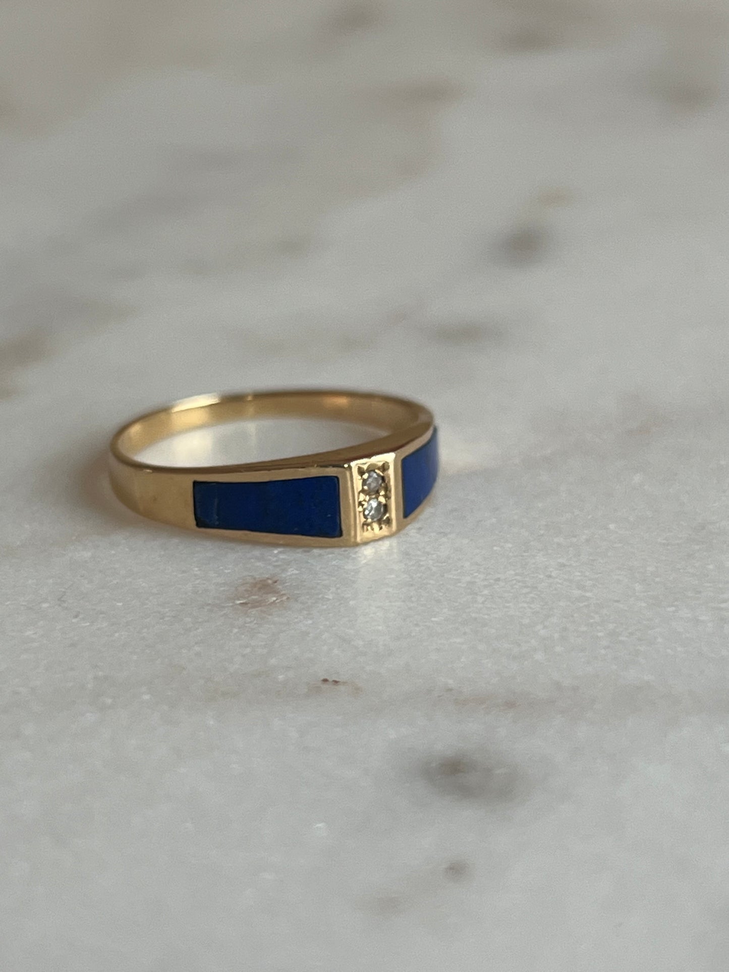 Vintage Lapis Lazuli + Diamond + 18ct. Yellow Gold Ring - Sz. 6.75