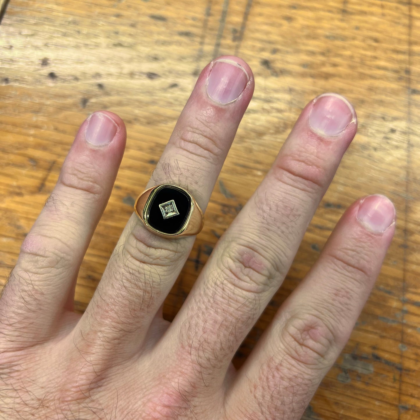 Vintage Onyx + Diamond + 9ct Yellow Gold Signet Ring - Sz. 7.75