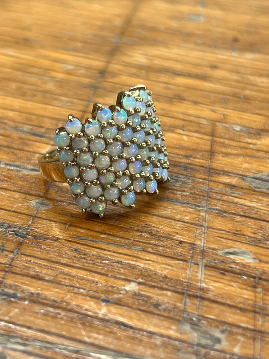 Vintage Opal + 9ct Yellow Gold Pave Ring - Sz. 5.25