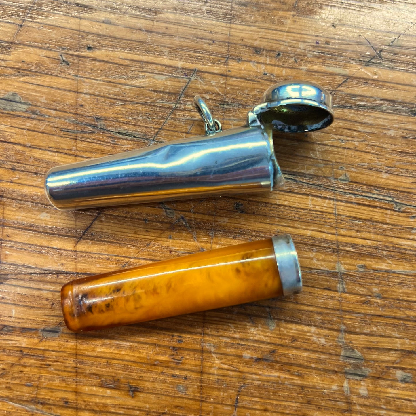 Antique Amber + Sterling Silver Cigarette Holder & Case Pendant