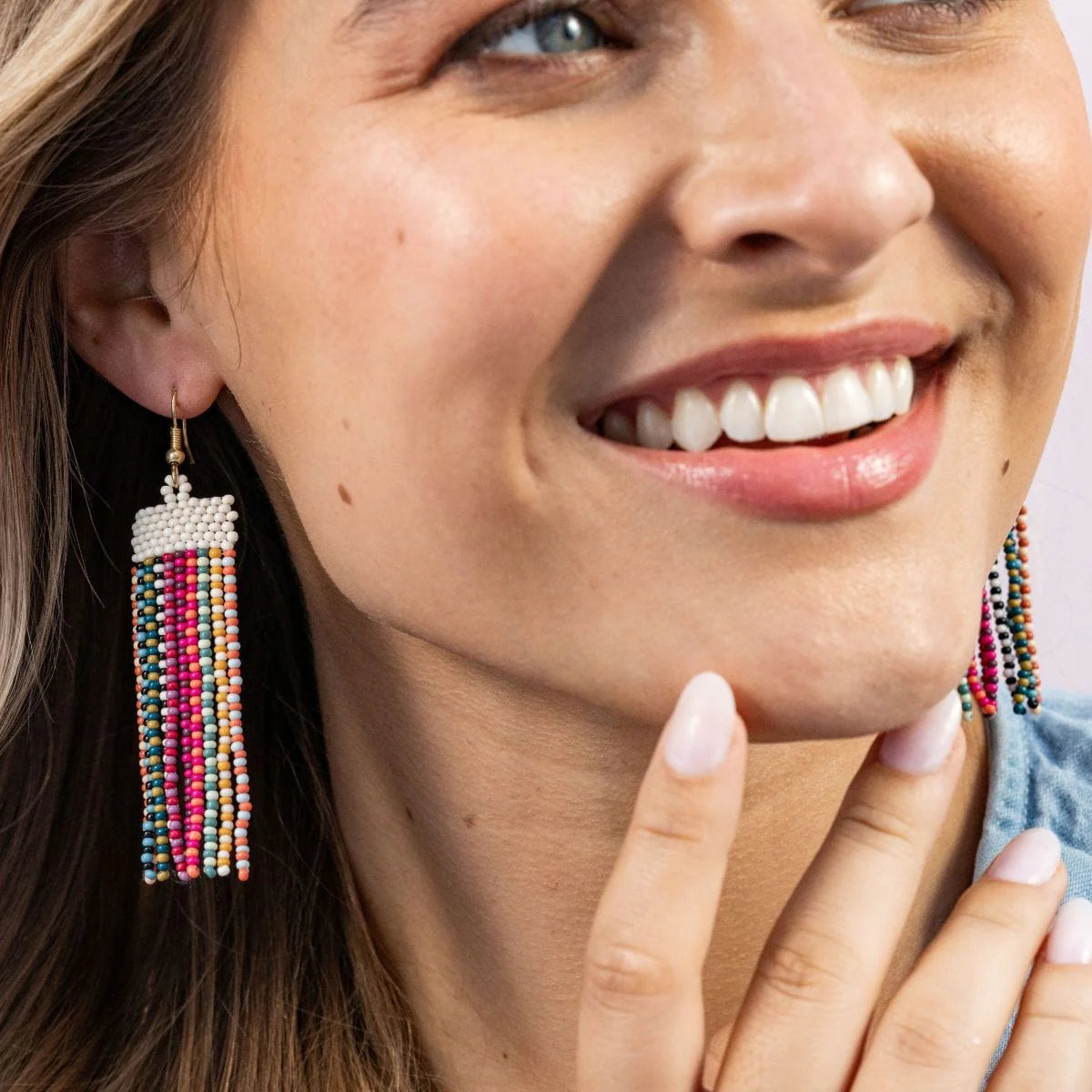 Adaline Alternating Two-Tone Strands Beaded Fringe Earrings - Multicolor