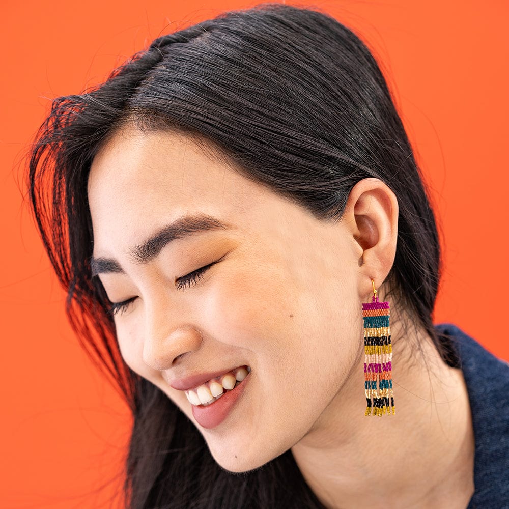 Billie Mixed Horizontal Stripes Beaded Fringe Earrings - Jewel Tone