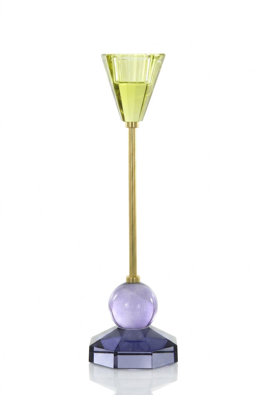 CUT GLASS SPINDLE CANDLESTICK - LIME + LAVENDER