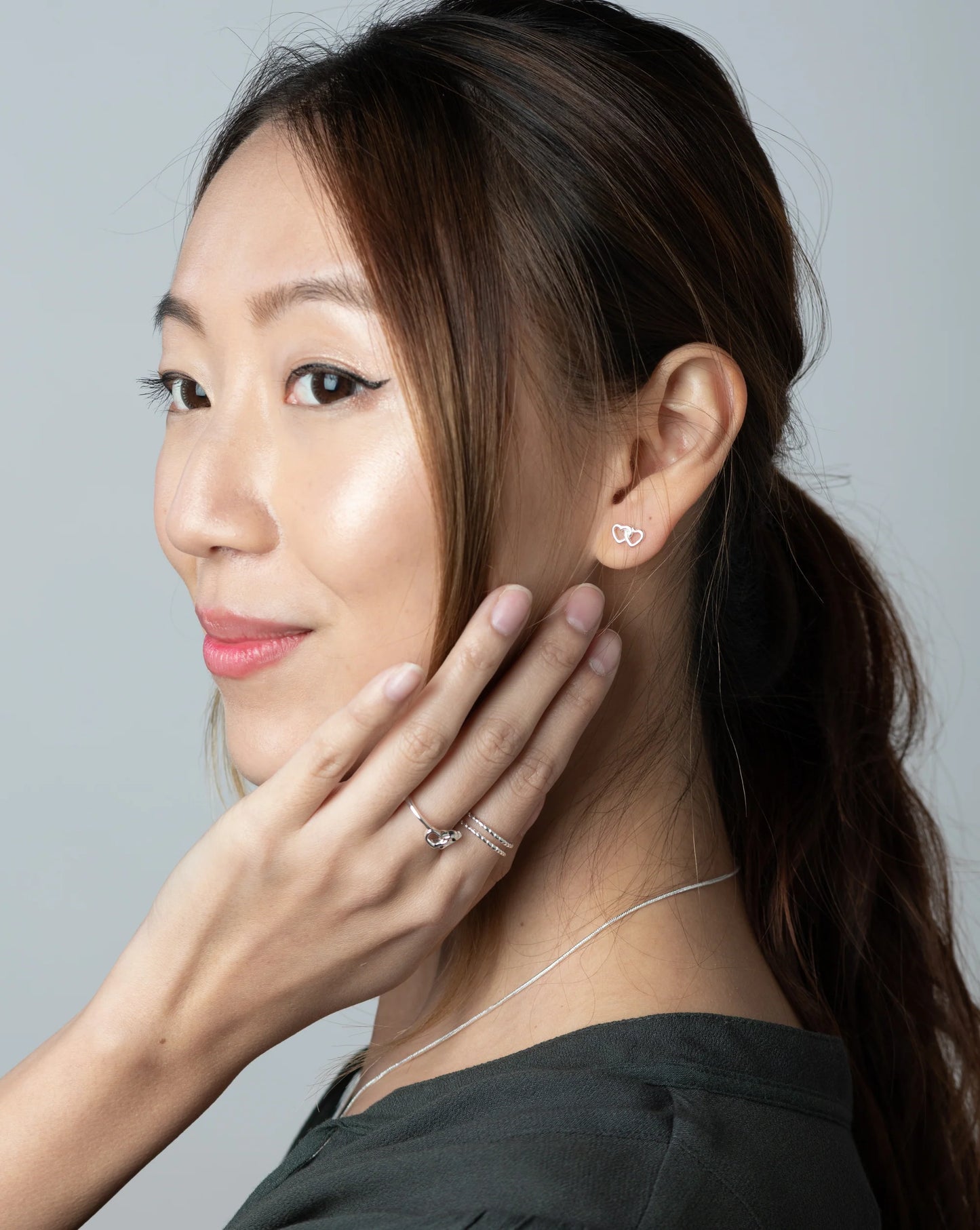 Two Hearts Studs - Silver