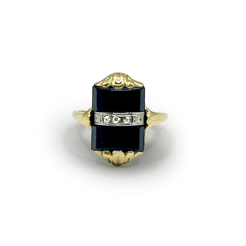 Antique Art Deco Onyx + Diamond 10K Yellow Gold Ring - Sz. 6.5