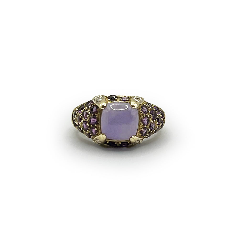 Estate Lavender Chalcedony 10K Yellow Gold Ring w. Amethyst + Diamond - Sz. 6.75