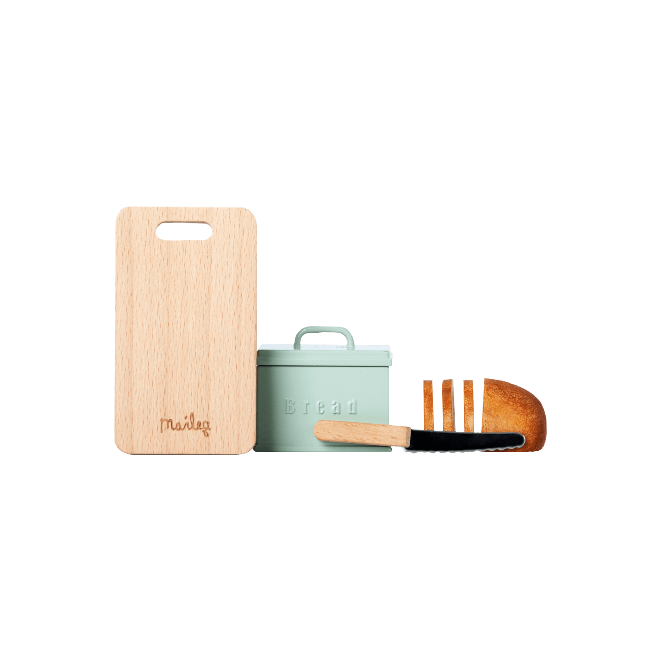 Miniature Breadbox + Cutting Board + Knife