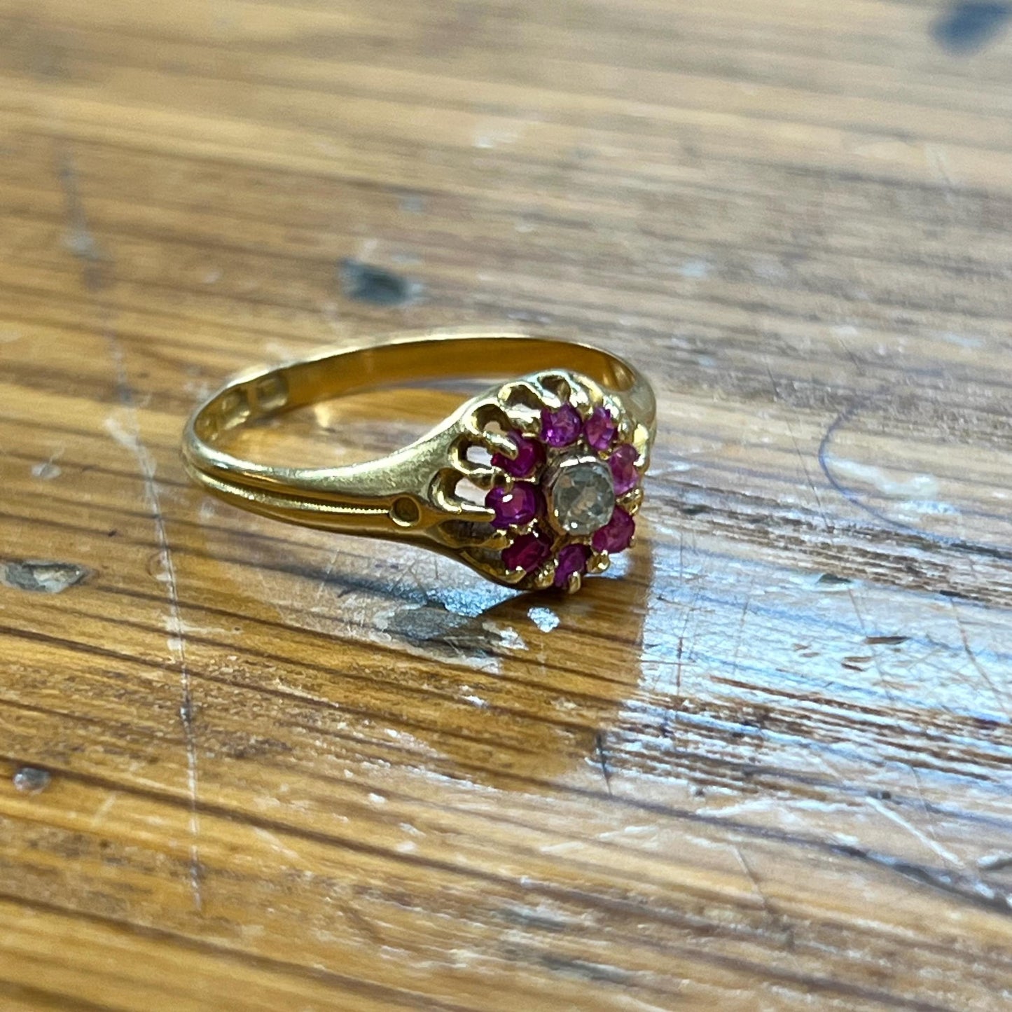 Vintage Pink Sapphire + Diamond + 18ct Yellow Gold Ring - Sz. 7