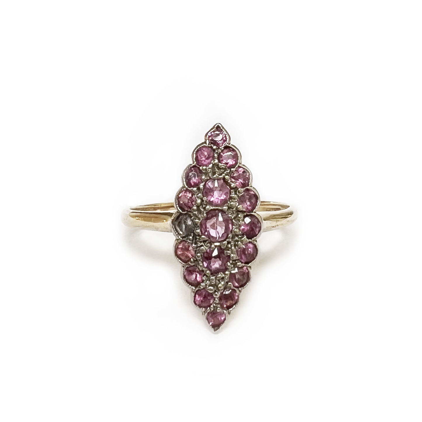 Antique 18k Gold Edwardian Rhodolite Garnet Navette Ring - Size 8.5