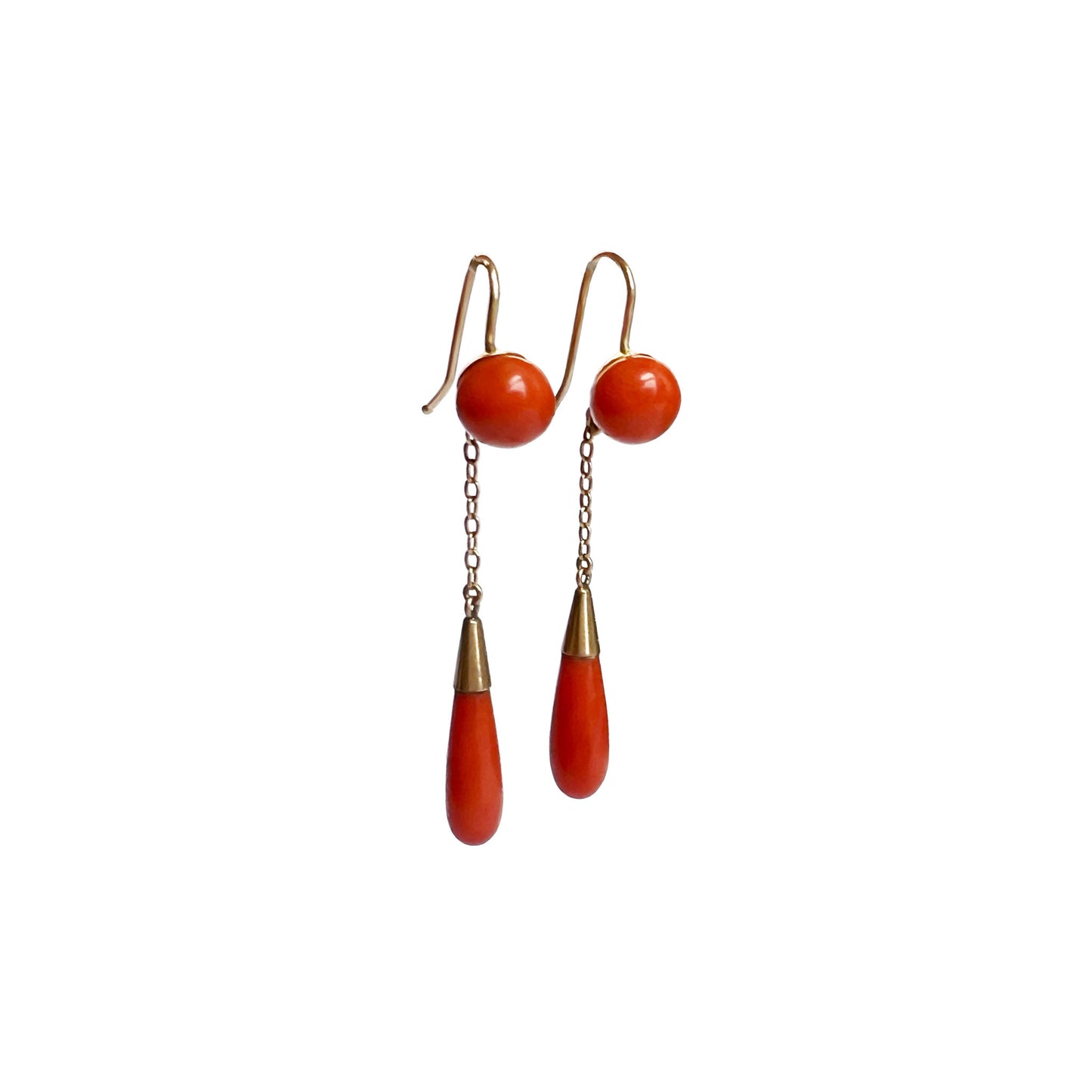 Antique Victorian 9k Gold Coral Drop Earrings - 2"