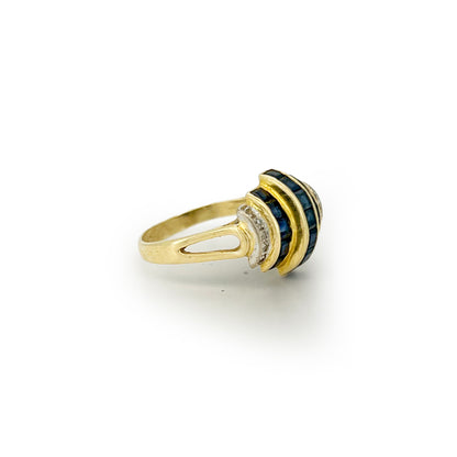 Vintage Blue Sapphire + Diamond + 14ct Yellow Gold Tank Ring - Sz. 8