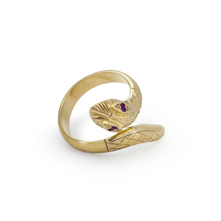 Vintage Ruby + 9ct Yellow Gold Snake Ring - Sz. 7.5
