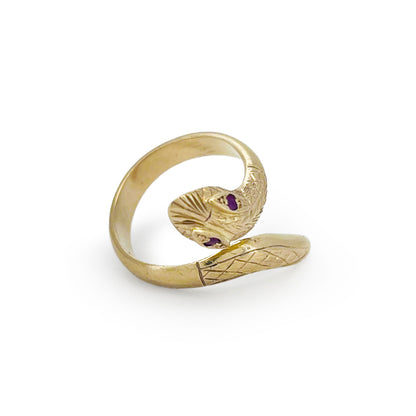 Vintage Ruby + 9ct Yellow Gold Snake Ring - Sz. 7.5