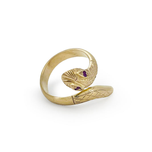 Vintage Ruby + 9ct Yellow Gold Snake Ring - Sz. 7.5