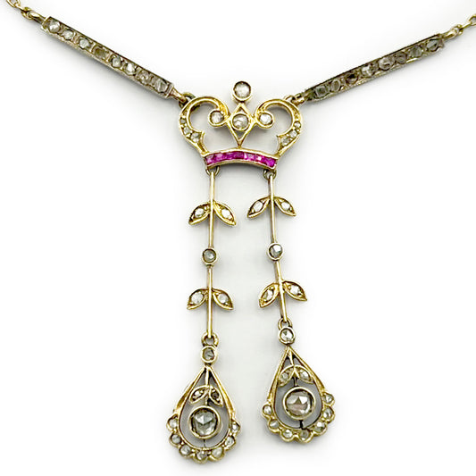 Antique Edwardian Diamond + Ruby Negligee Crown Necklace - High Karat Yellow Gold - 18"L