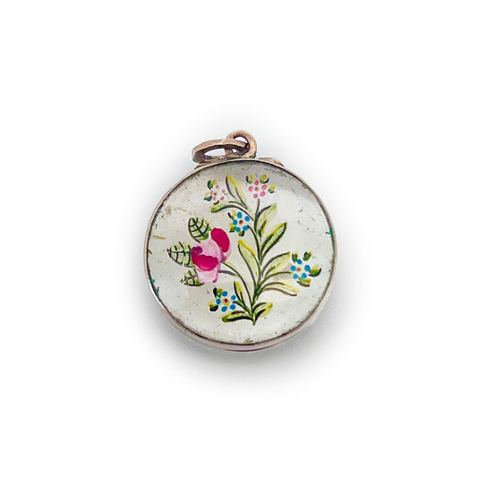 Antique Edwardian Hand-Painted Floral Rock Crystal + 9ct Rose Gold Locket