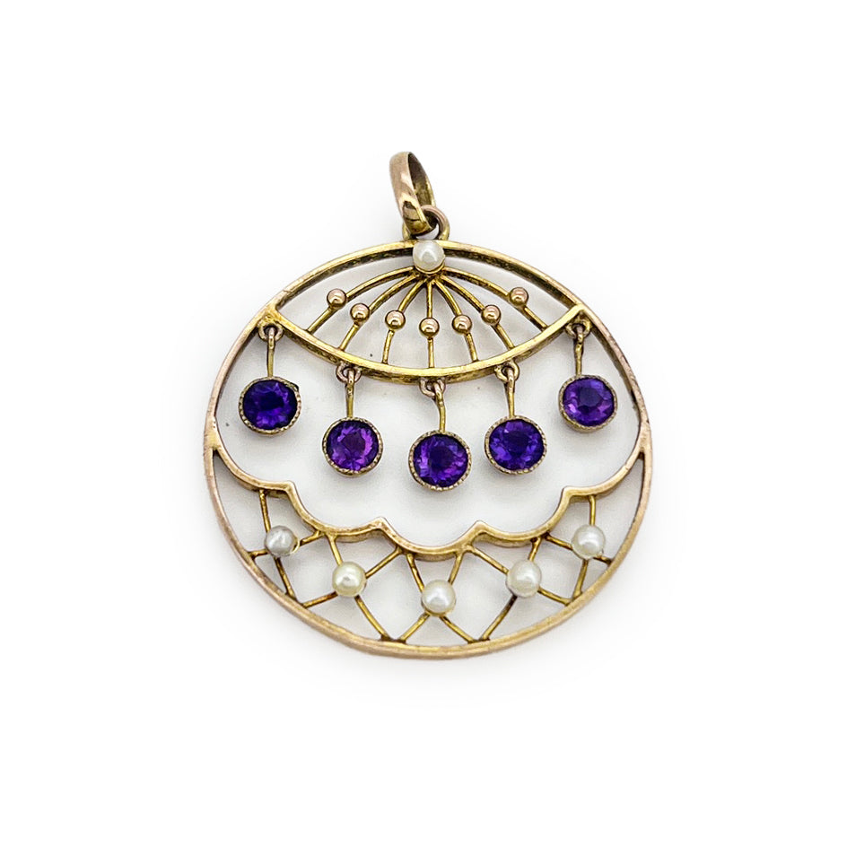 Antique Victorian Amethyst + Pearl + 15ct Rose Gold Pendant