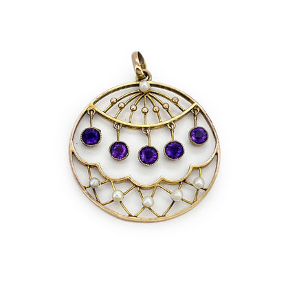 Antique Victorian Amethyst + Pearl + 15ct Rose Gold Pendant