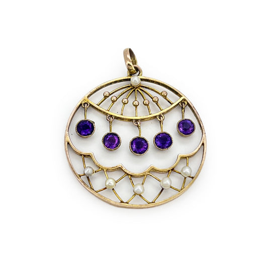 Antique Victorian Amethyst + Pearl + 15ct Rose Gold Pendant