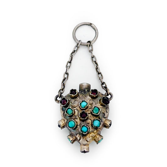 Antique Victorian Turquoise + Garnet + Gilt Silver Heart Perfume Charm