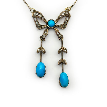 Antique Victorian Turquoise + Diamond Bow Negligee Necklace - 10ct/9ct Rose Gold - 18"L