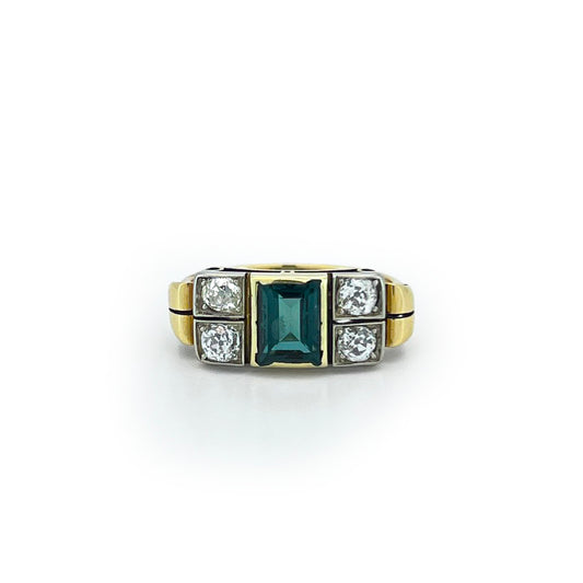 Antique Art Deco Diamond + Green Tourmaline + 18ct Yellow Gold Tank Ring - Sz. 5.5