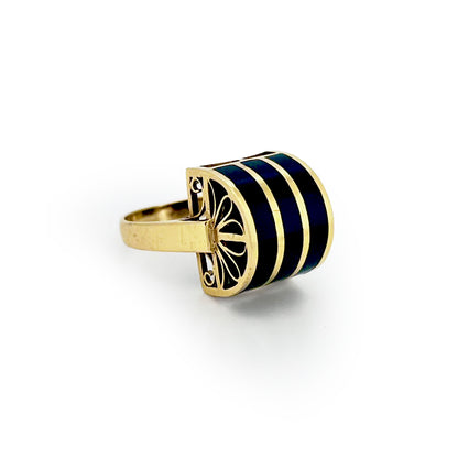 Vintage Black Onyx + 18ct Yellow Gold Striped Dome Ring - Sz. 5.5