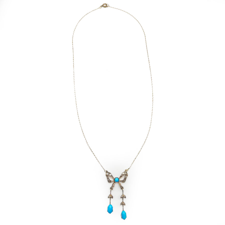 Antique Victorian Turquoise + Diamond Bow Negligee Necklace - 10ct/9ct Rose Gold - 18"L