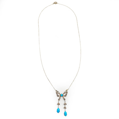 Antique Victorian Turquoise + Diamond Bow Negligee Necklace - 10ct/9ct Rose Gold - 18"L