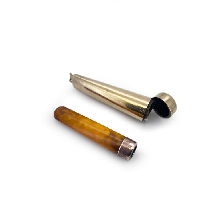 Antique Victorian Amber + 9ct Gold Cigarette Holder & Case Pendant